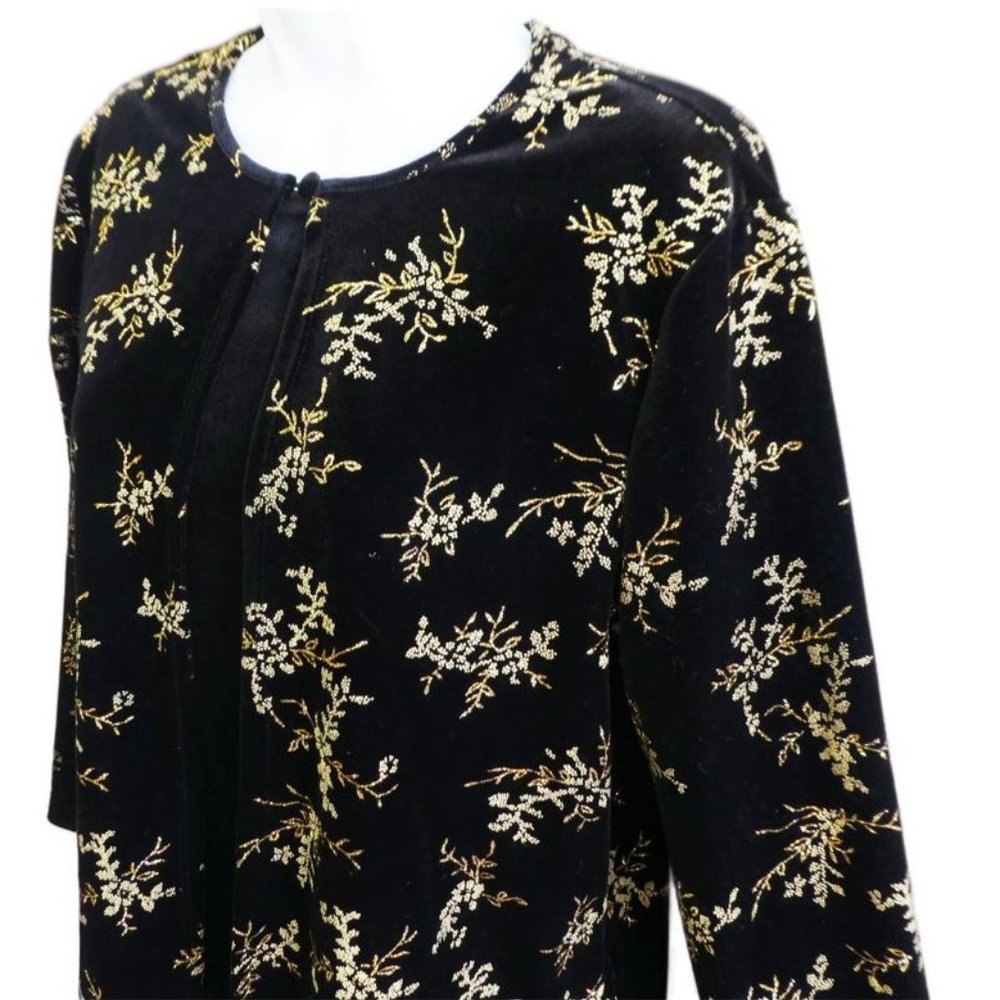 Velvet Vintage Black Cardigan Layer Gold Glitter Filigree Granny Chic Spandex M